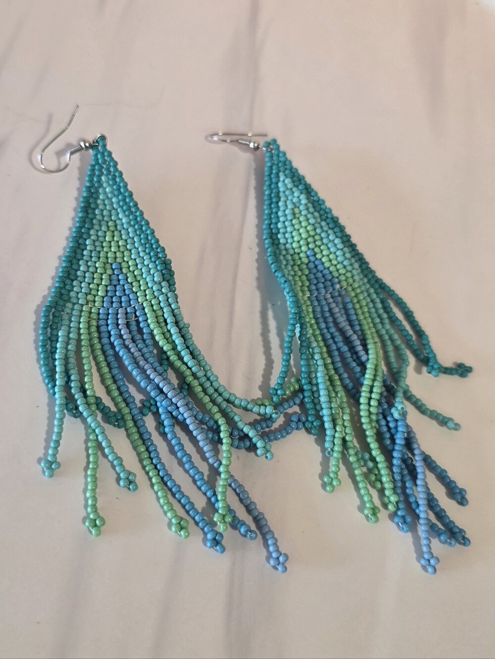 Handcrafted Turquoise & Aqua Beaded Fringe Earrings Hippie Boho Babe
